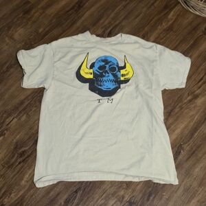 Large TOY MACHINE Beige/tan Blue Skull Gold Horns Mens T Shirt Skating Shirt Y2K